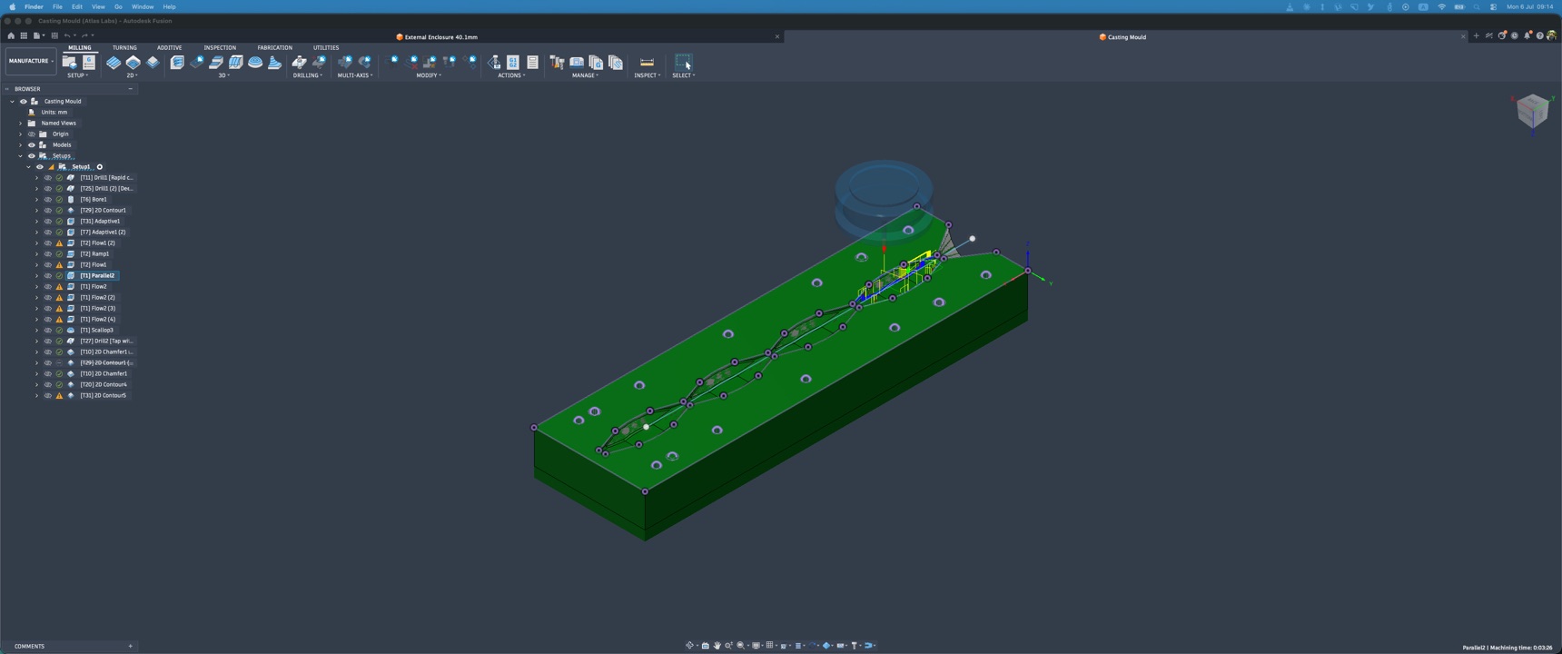 CAM toolpaths programmed for machining a custom mould
